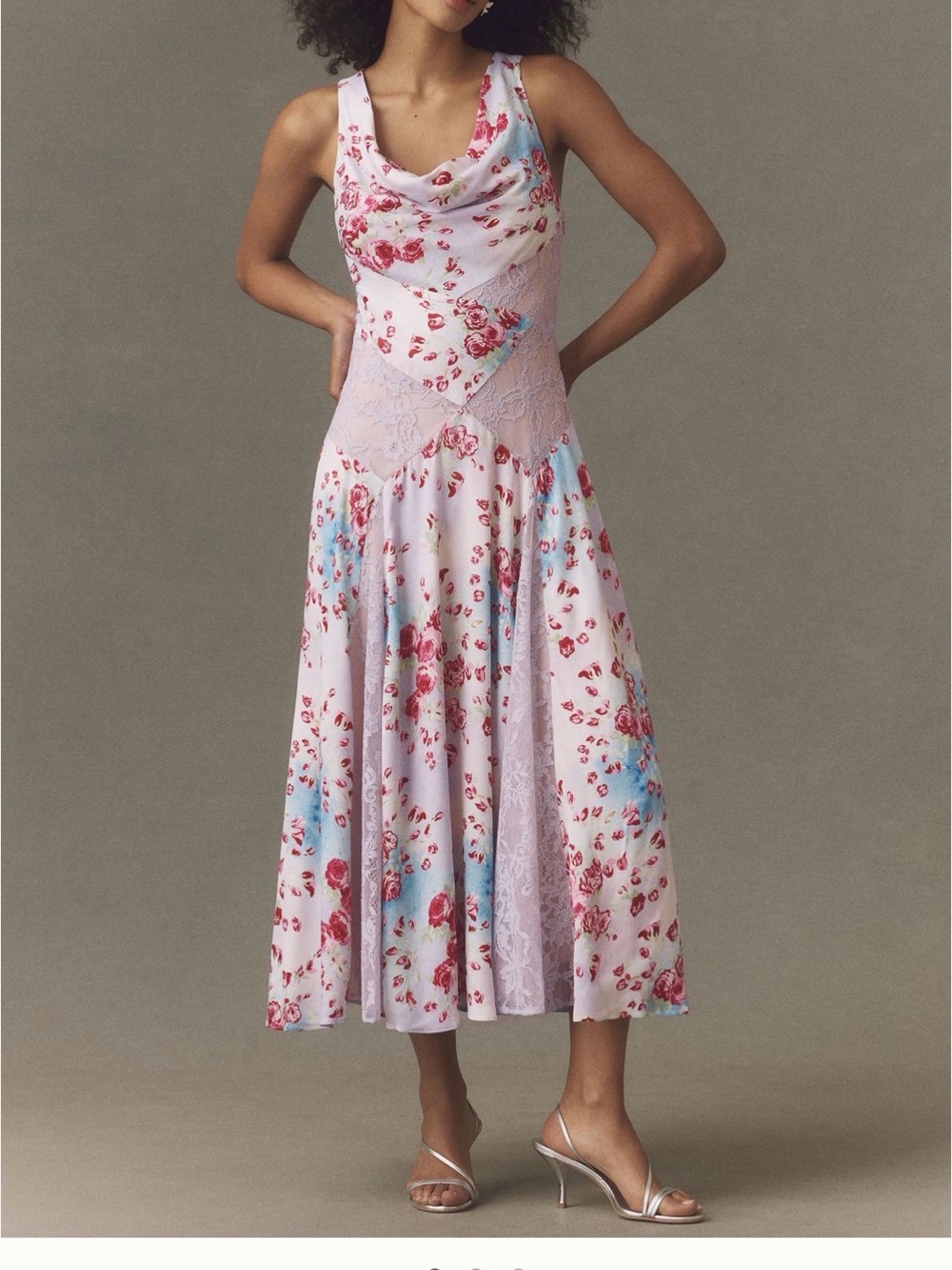 BHLDN Pink Floral Cowl-Neck Midi Dress with Blue Accents